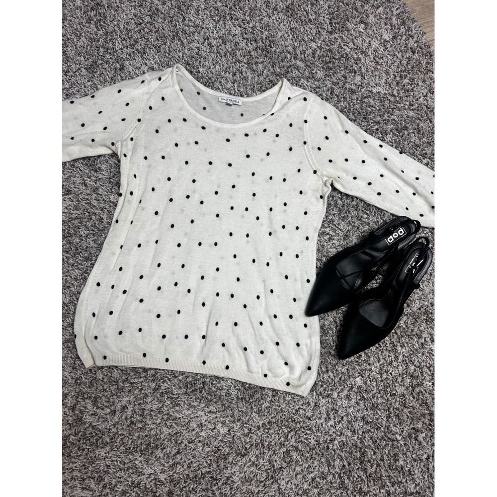 Emily Daniels Polka Dot Knit Sweater Cream Black Scoop Neck PXL